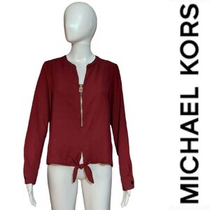 Michael Kors Split Neck Half Zip Tie Hem Blouse In Dark Ruby
